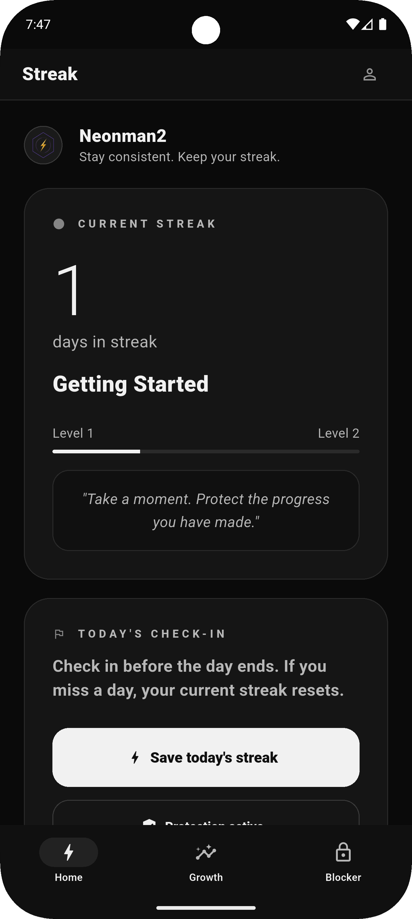 Streak mobile app home screen showing the current streak and daily check-in